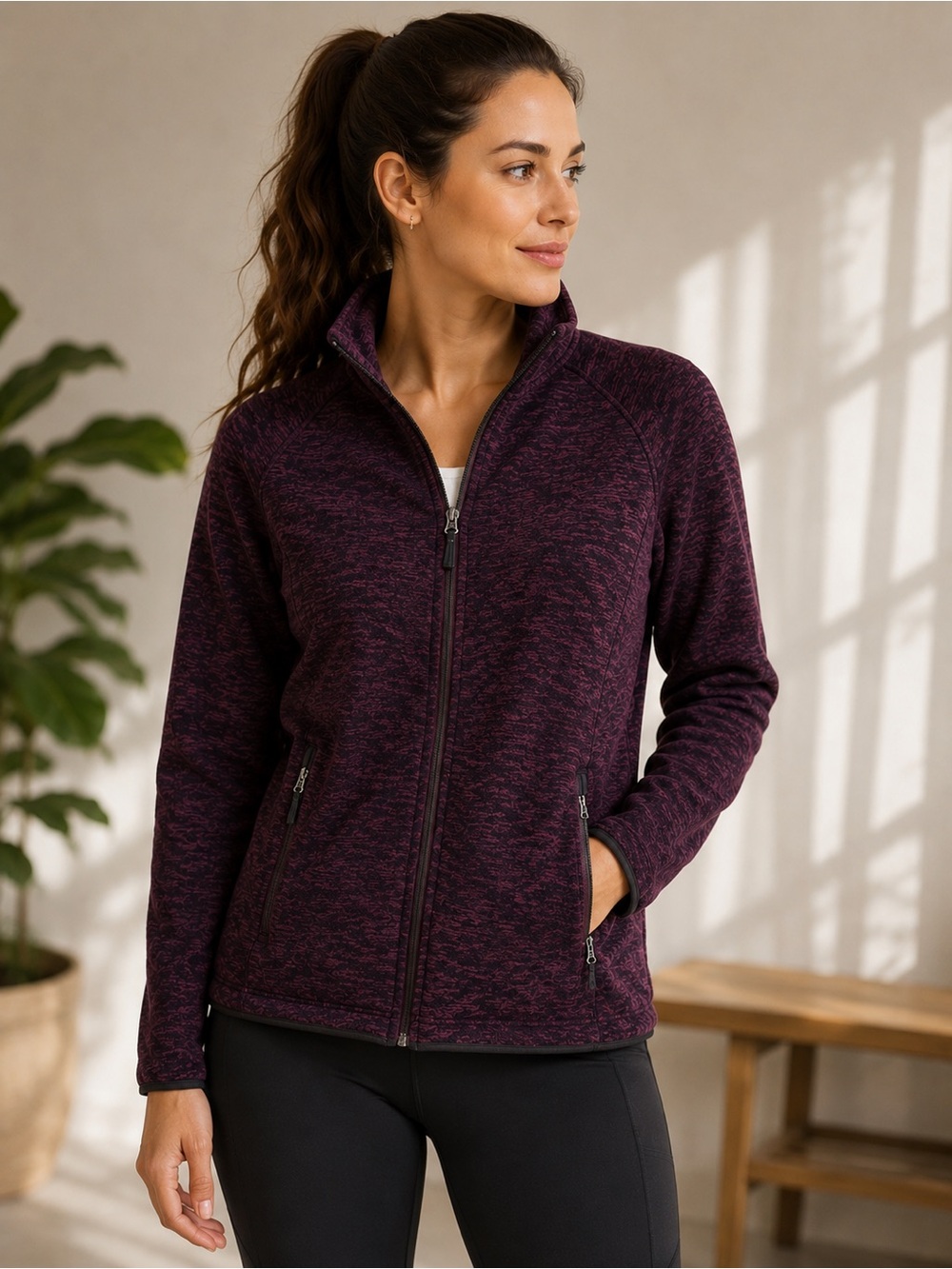 OCK Plum Heathered Full Zip Fleece Jacket Athleisure Hiking Layer L